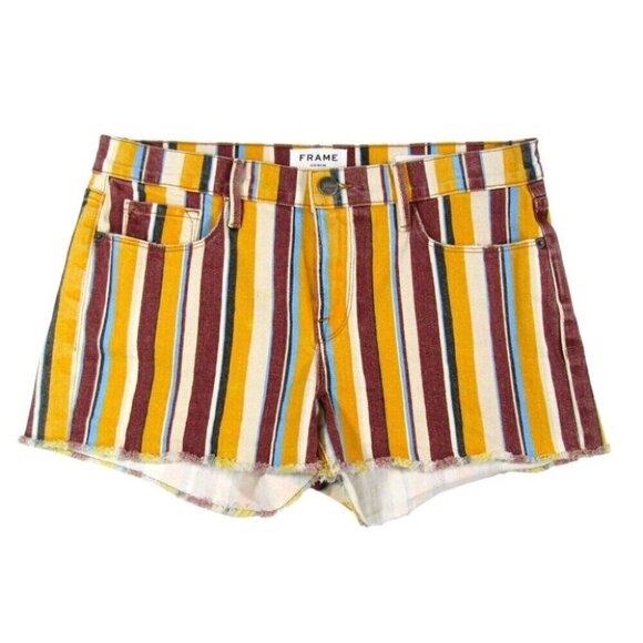 Frame Denim Le Cutoff Shorts Painterly Stripe Yellow Red Size 28 Mid Rise - Picture 1 of 11